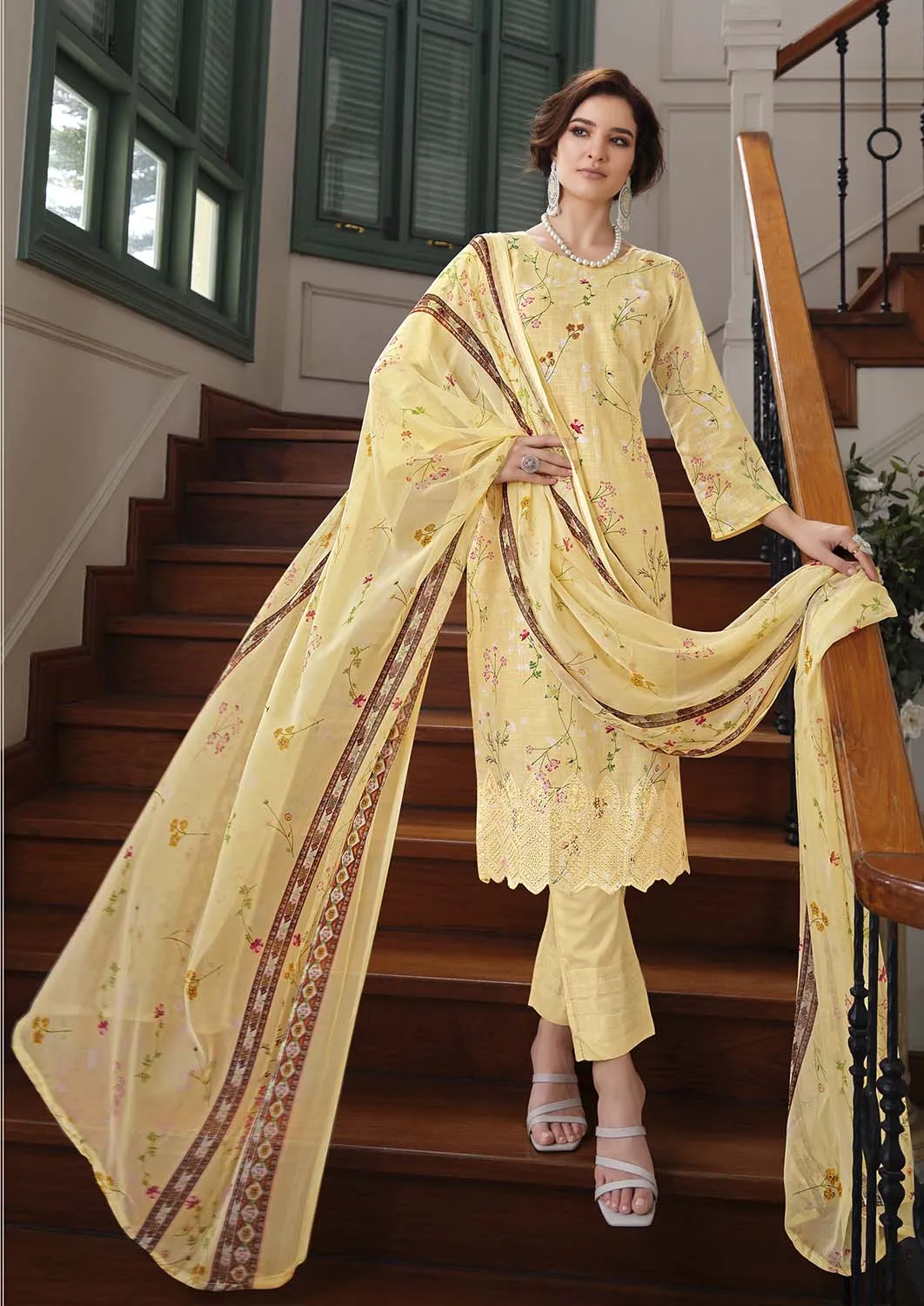 Belliza Cotton Linen Embroidered Unstitched Suit Set Yellow