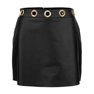 Black Eyelet High Waist Detailed Women Mini Leather Skirt