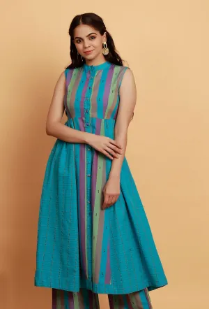 Blue Multicolor Flared Sleeveless Woven Kurta