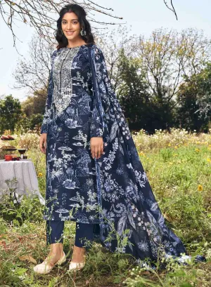 Blue Pure Lawn Cotton Unstitched Salwar Suit Material for Women