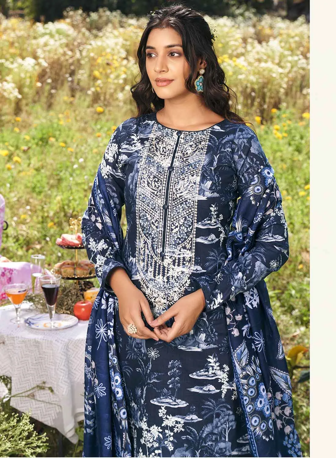 Blue Pure Lawn Cotton Unstitched Salwar Suit Material for Women