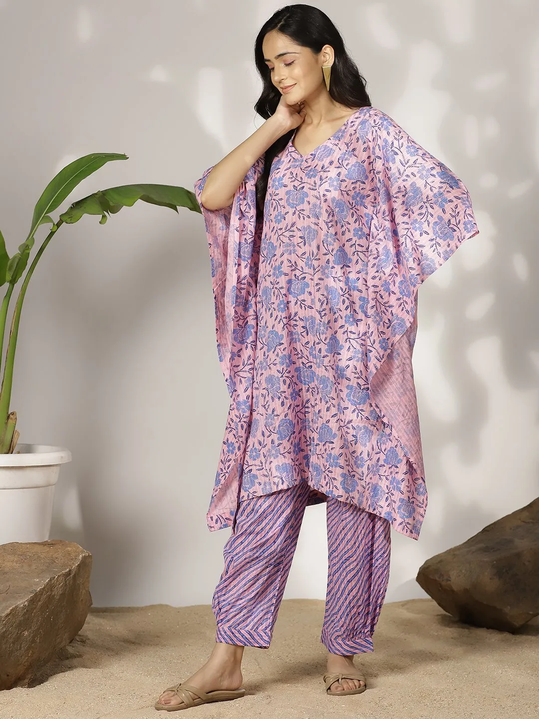 BlueFloral Cotton LongKaftan & Striped AfghaniSalwar