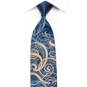 Cabrini Men's Rhinestone Necktie Gold Blue Scrolls On Navy With Gold Sparkles