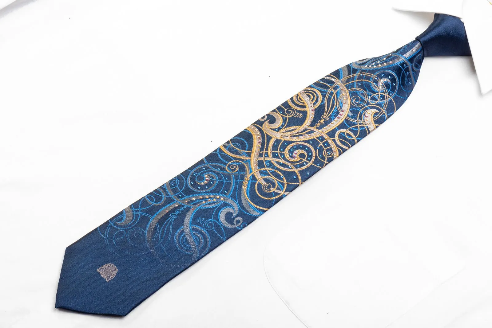 Cabrini Men's Rhinestone Necktie Gold Blue Scrolls On Navy With Gold Sparkles