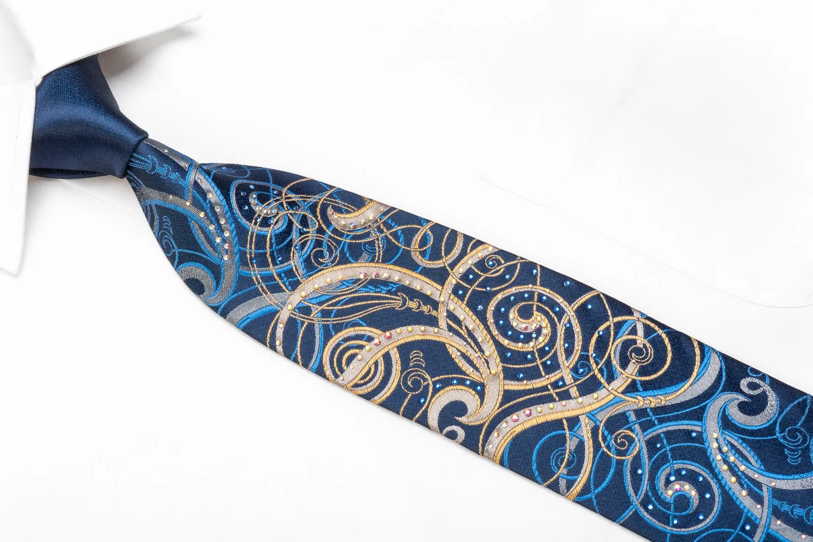 Cabrini Men's Rhinestone Necktie Gold Blue Scrolls On Navy With Gold Sparkles