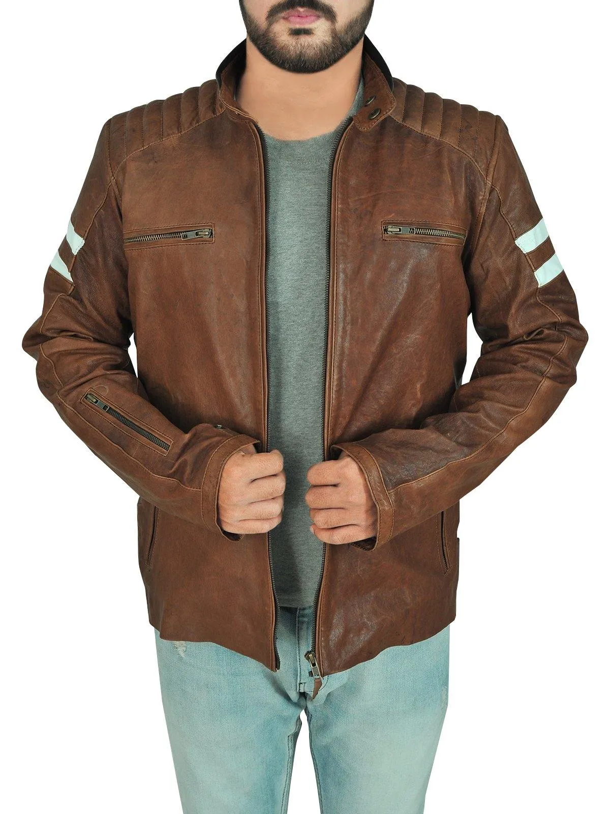 Classic Brown Genuine Leather Biker Jacket