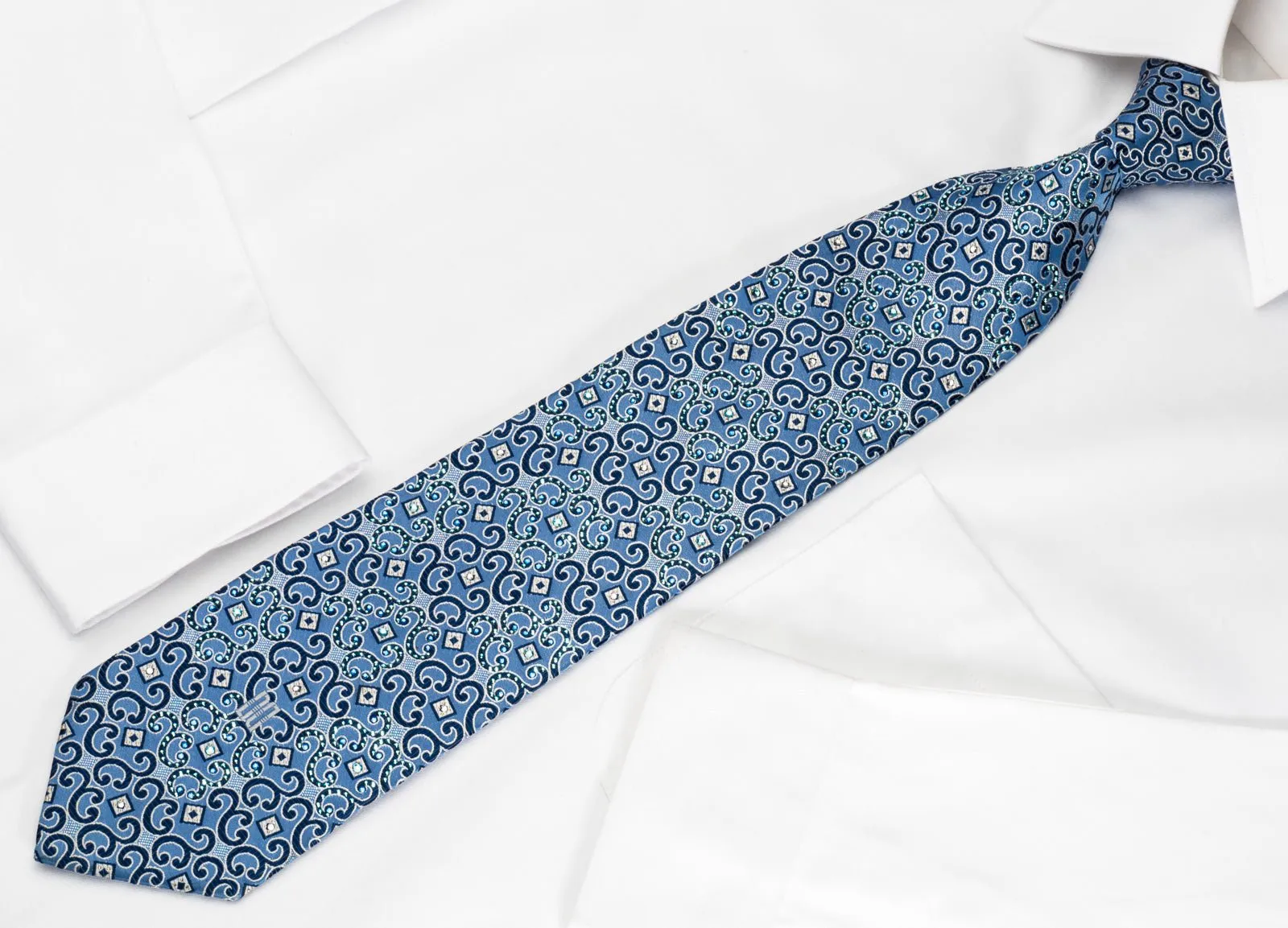 Daks Silk Rhinestone Necktie Scrolls Blue With Silver Sparkles