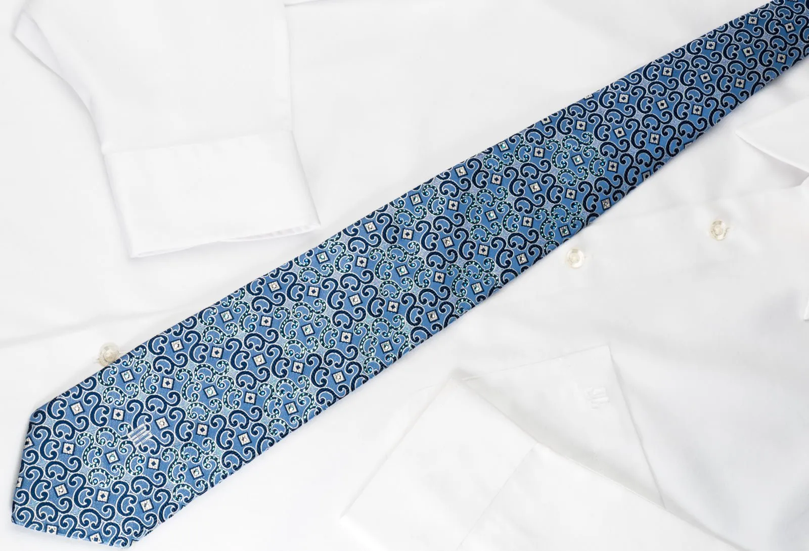 Daks Silk Rhinestone Necktie Scrolls Blue With Silver Sparkles