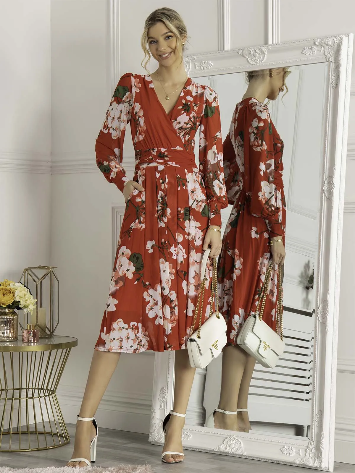 Eileen Long Sleeve Mesh Dress, Red Floral