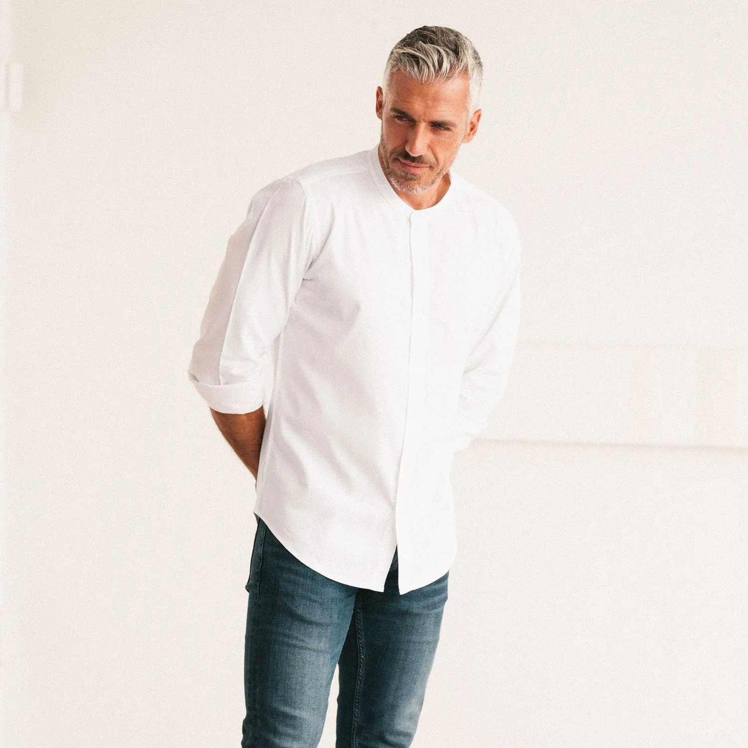 Essential Band Collar Button Down Shirt - Pure White Cotton Oxford