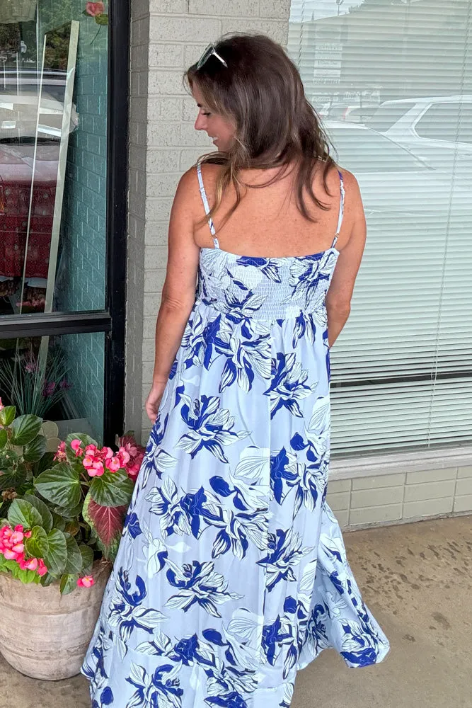 Floral Print Sleeveless Long Ruffle Dress-Blue