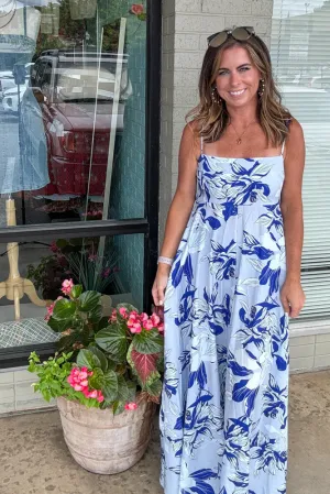 Floral Print Sleeveless Long Ruffle Dress-Blue