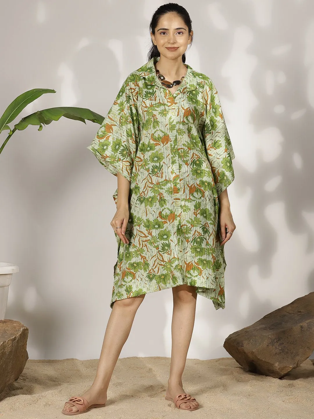 GreenFloral Cotton ShirtKaftan