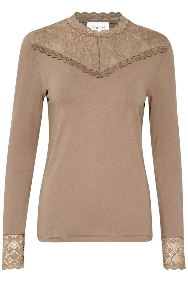 LACE EMBELLISHED TAUPE LONG SLEEVE TOP