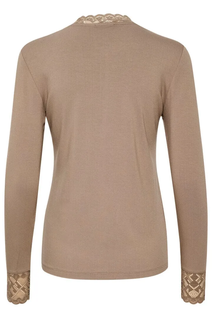 LACE EMBELLISHED TAUPE LONG SLEEVE TOP