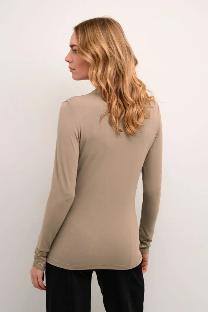 LACE EMBELLISHED TAUPE LONG SLEEVE TOP