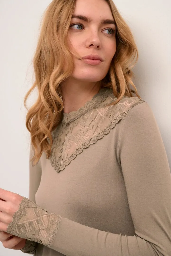 LACE EMBELLISHED TAUPE LONG SLEEVE TOP