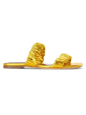 Maya Leather Ruched Flat Sandals Staud Gold