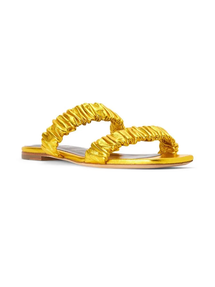 Maya Leather Ruched Flat Sandals Staud Gold