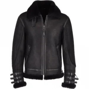 Men Black Aviator Flying Bomber Shearling Leather Jacket