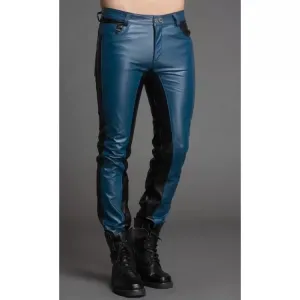 Men Fashion Contrast Color Genuine Black and Blue Leather Pants