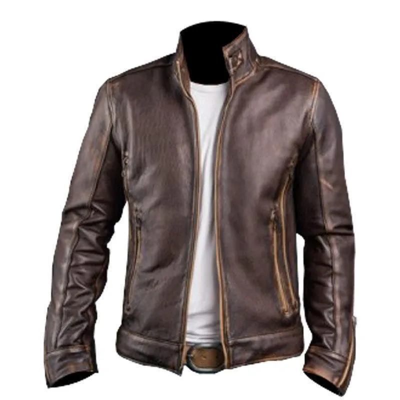 Mens Cafe Racer Stylish Biker Brown Distressed Leather Jacket