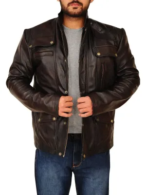 Men's Classic Dark Brown Genuine Leather Jacket with Stand-Up Collar