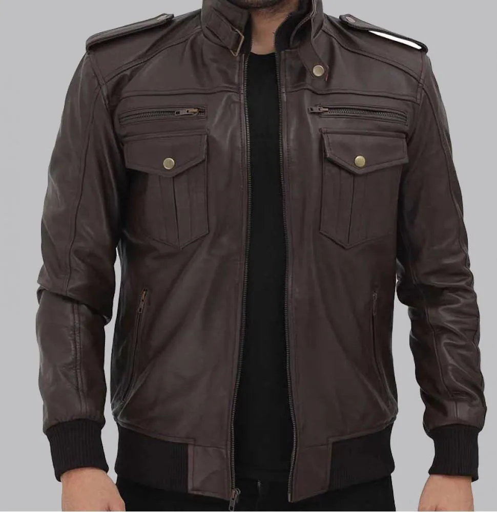 Men's Dark Brown Leather Bomber Jacket