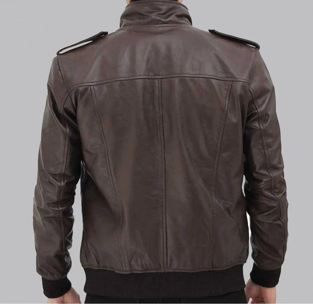 Men's Dark Brown Leather Bomber Jacket