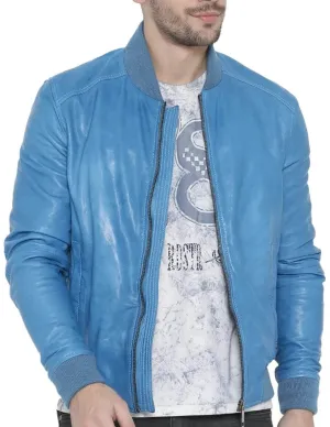 Men’s Light Blue Leather Bomber Jacket