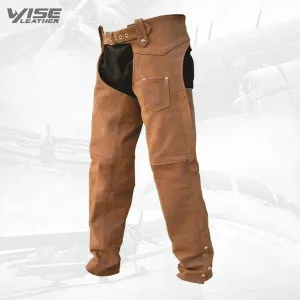 Men's Premium Buff Brown Buffalo Nubuck Leather Motorcycle Chaps