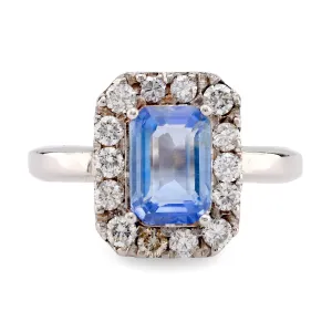 Mid Century Sapphire Diamond 14K White Gold Ring