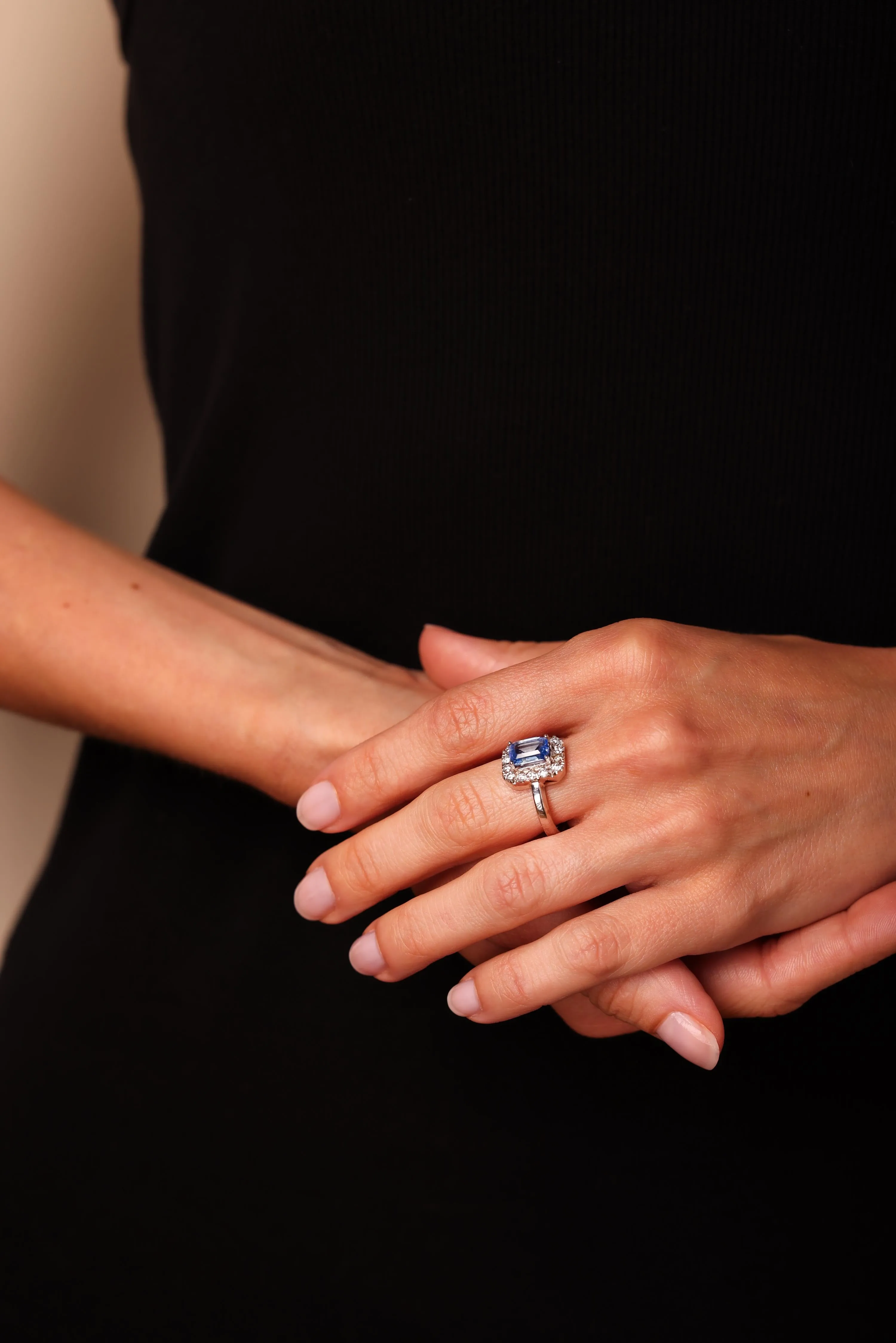 Mid Century Sapphire Diamond 14K White Gold Ring