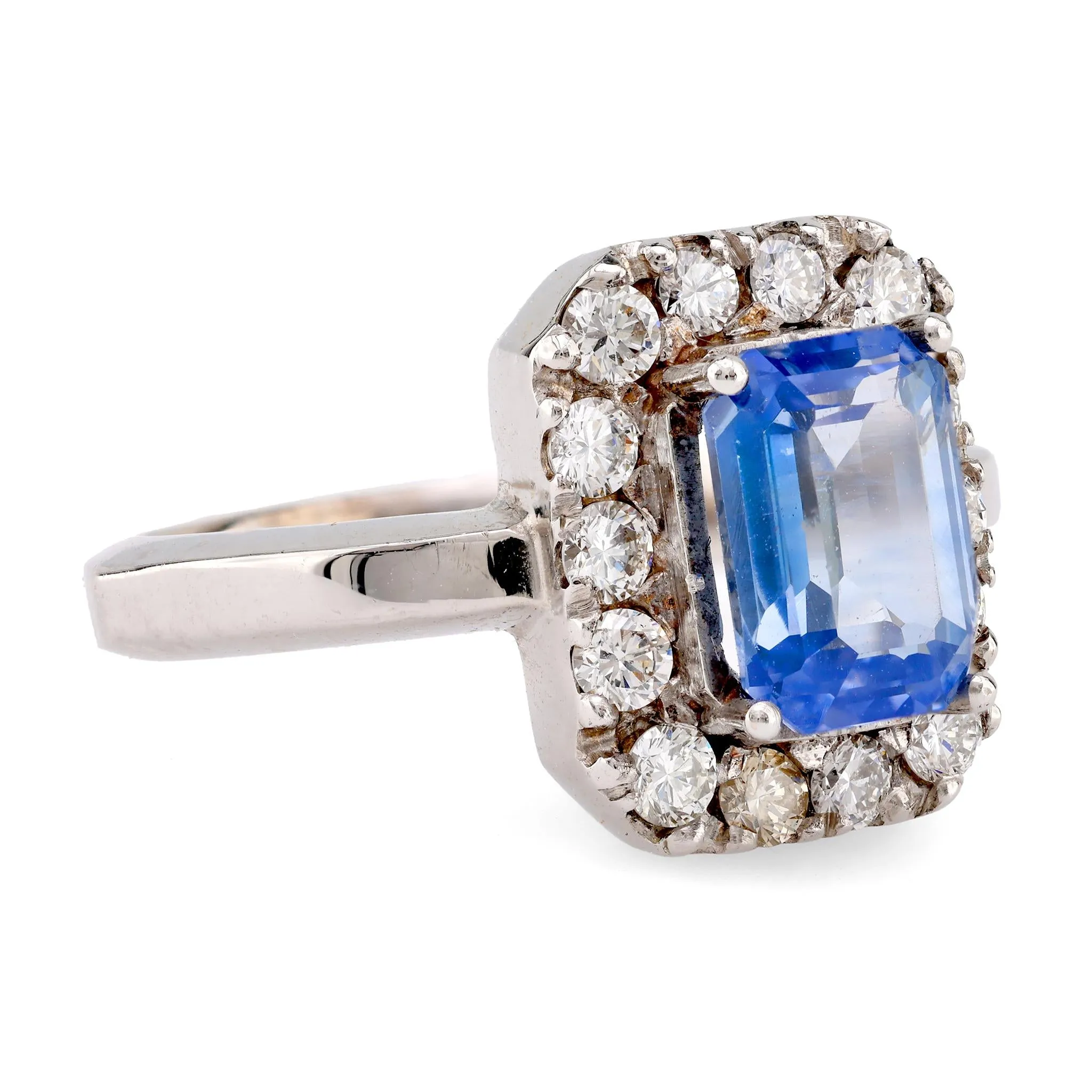 Mid Century Sapphire Diamond 14K White Gold Ring