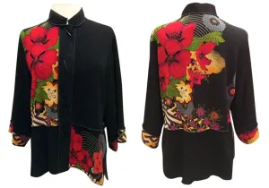 Moonlight - Three Flowers Geo Floral Print, Mandarin Collar, Sharkbite Hem Top