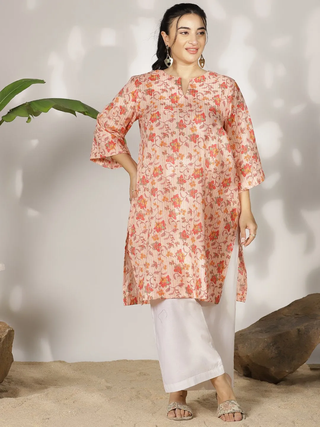 PeachFloral Cotton LongKurta