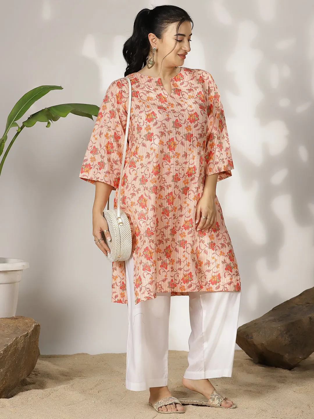 PeachFloral Cotton LongKurta