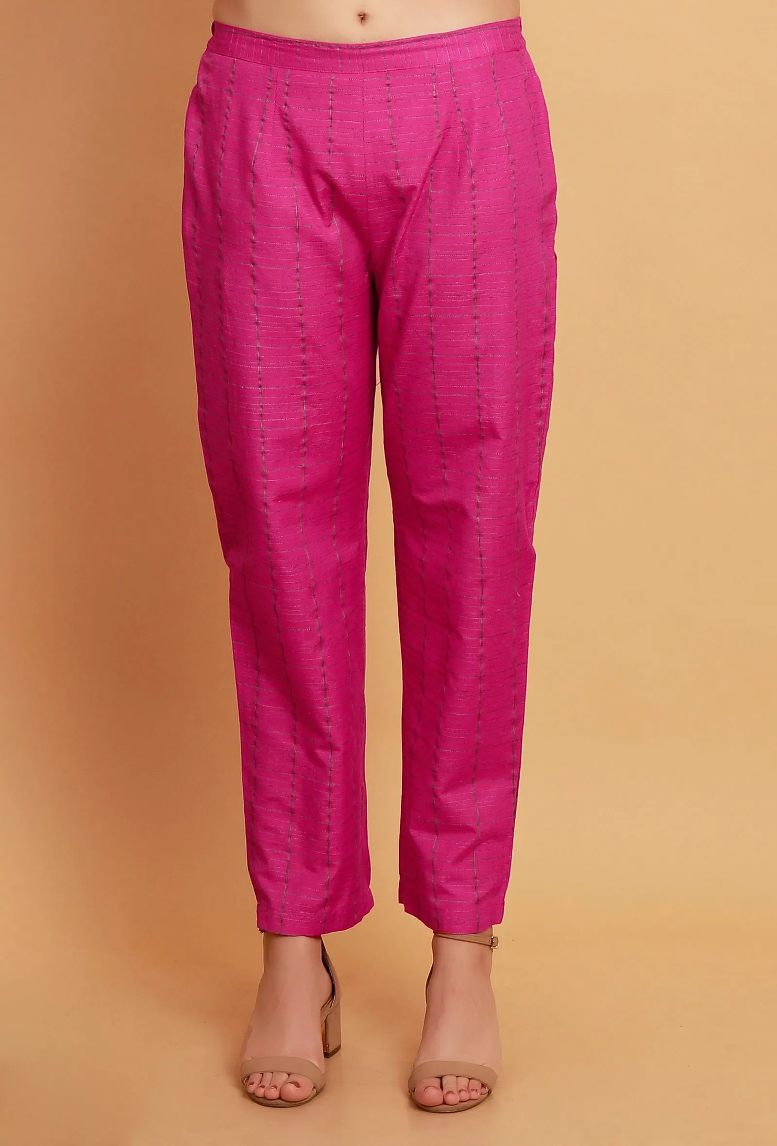 Pink Woven Check Straight  Cotton Pants