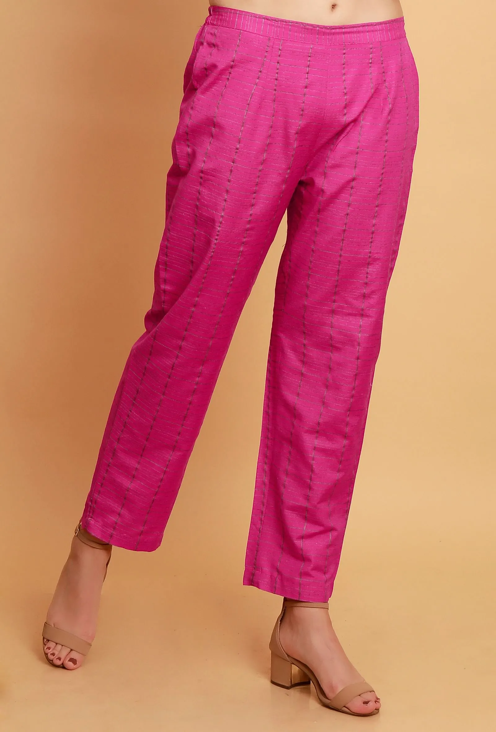 Pink Woven Check Straight  Cotton Pants