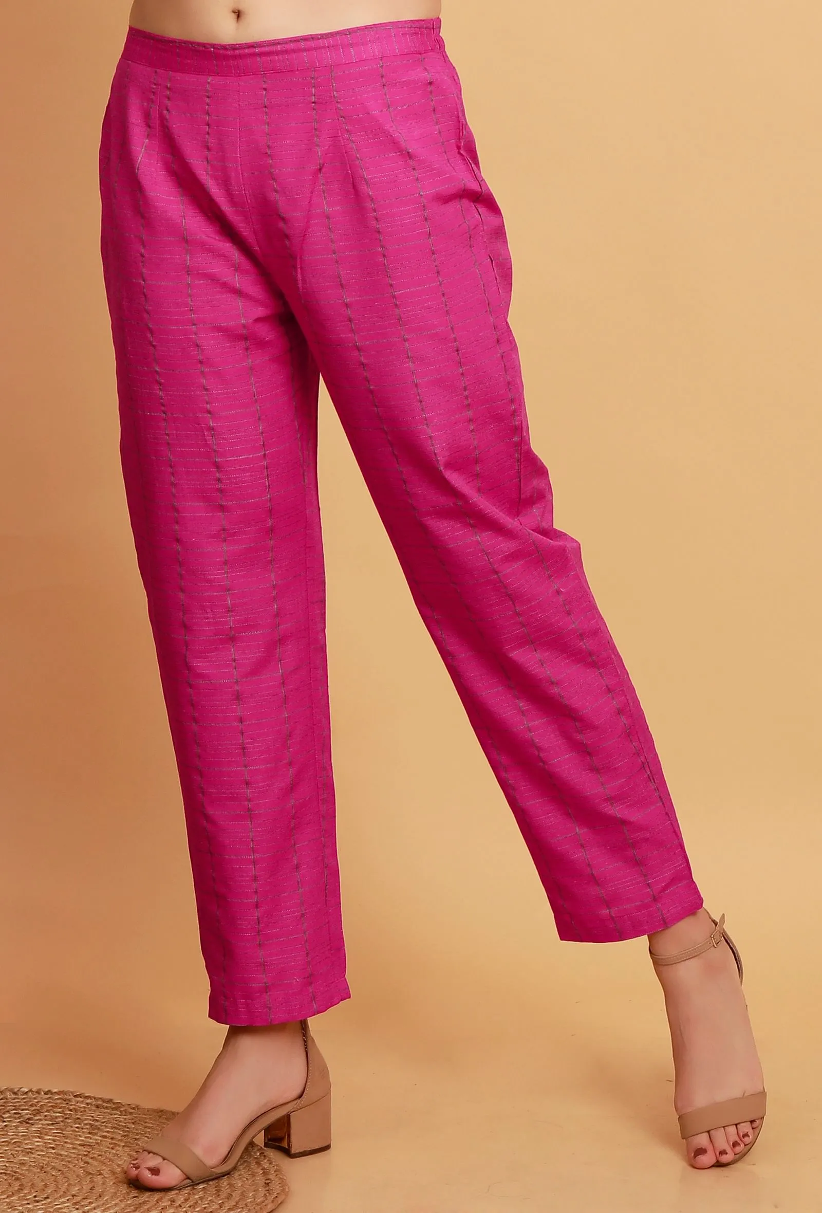 Pink Woven Check Straight  Cotton Pants