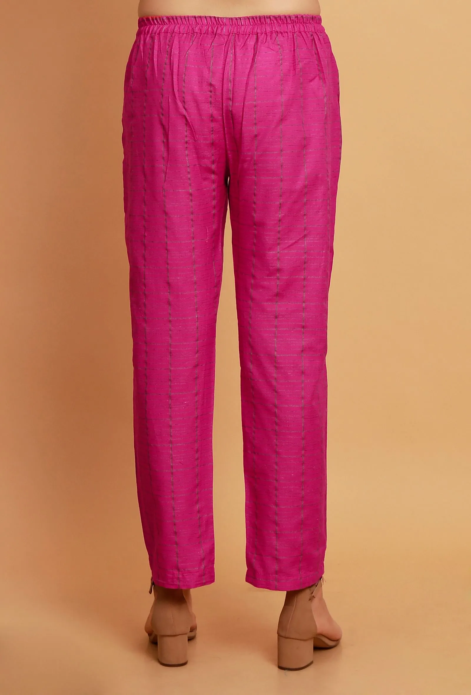 Pink Woven Check Straight  Cotton Pants