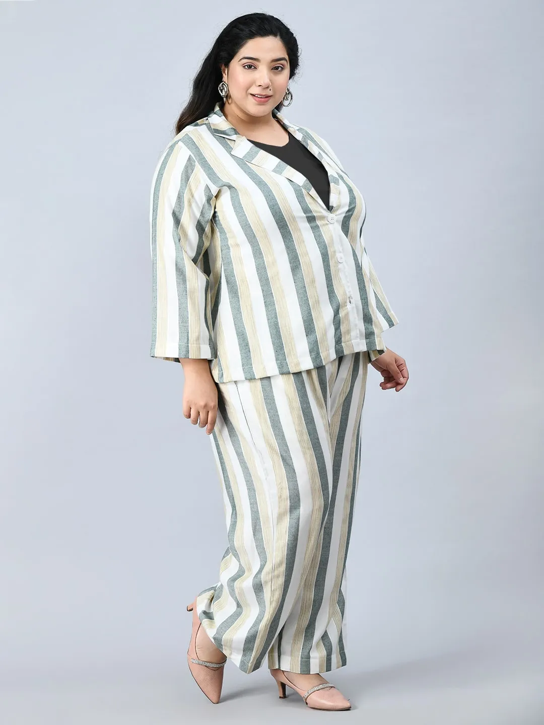 Plus Size Formal White & Green Striped Co-Ord Set