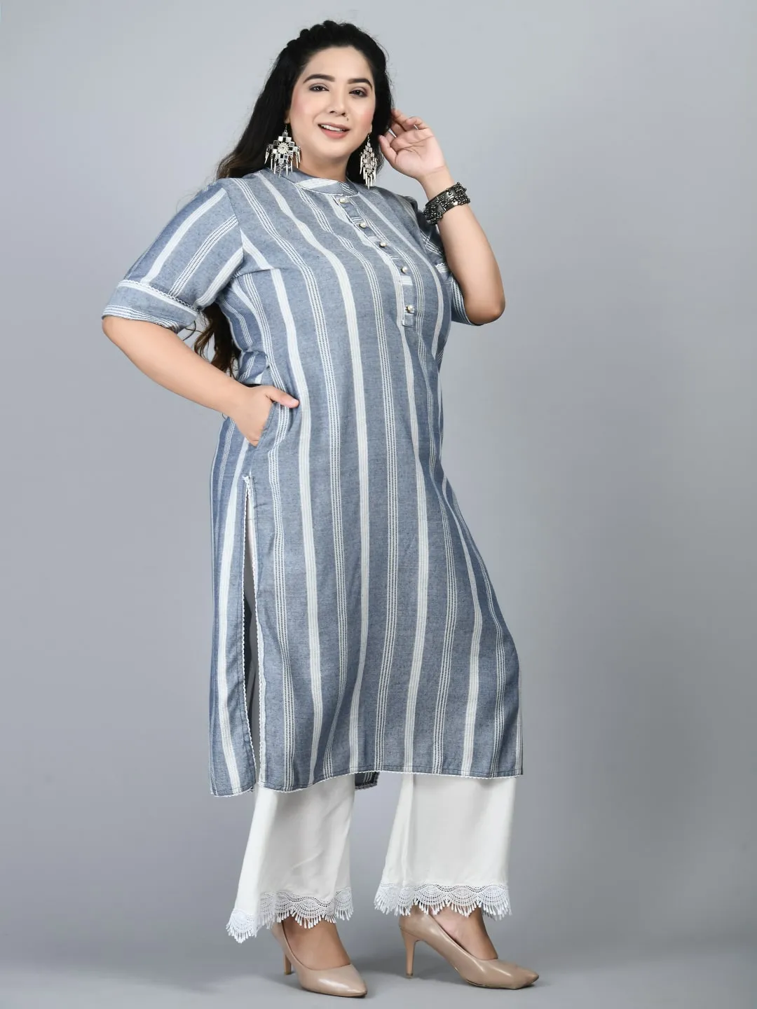 Plus Size Plus Size Striped Grey Kurta