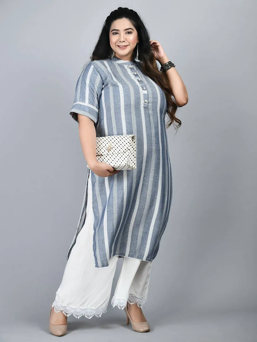 Plus Size Plus Size Striped Grey Kurta