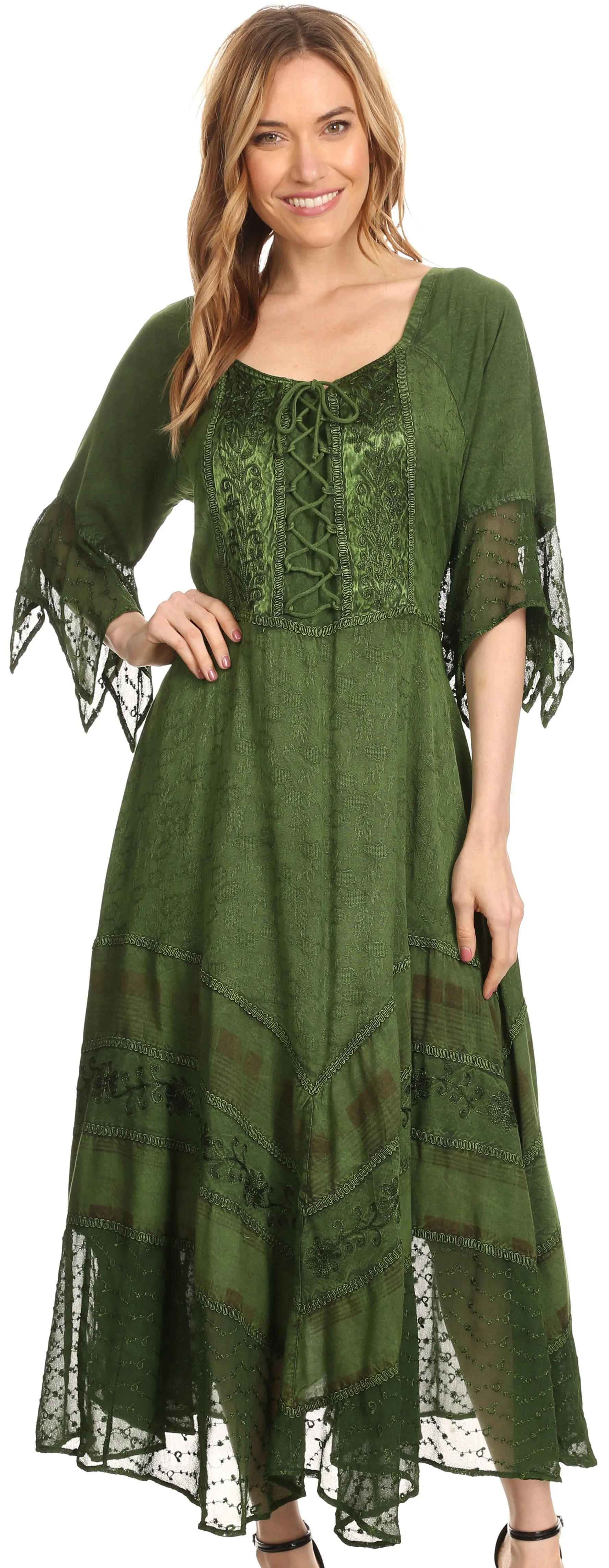 Sakkas Bexley Scoop Neck Bell Sleeve Bohemian Gypsy Embroidered Corset Dress