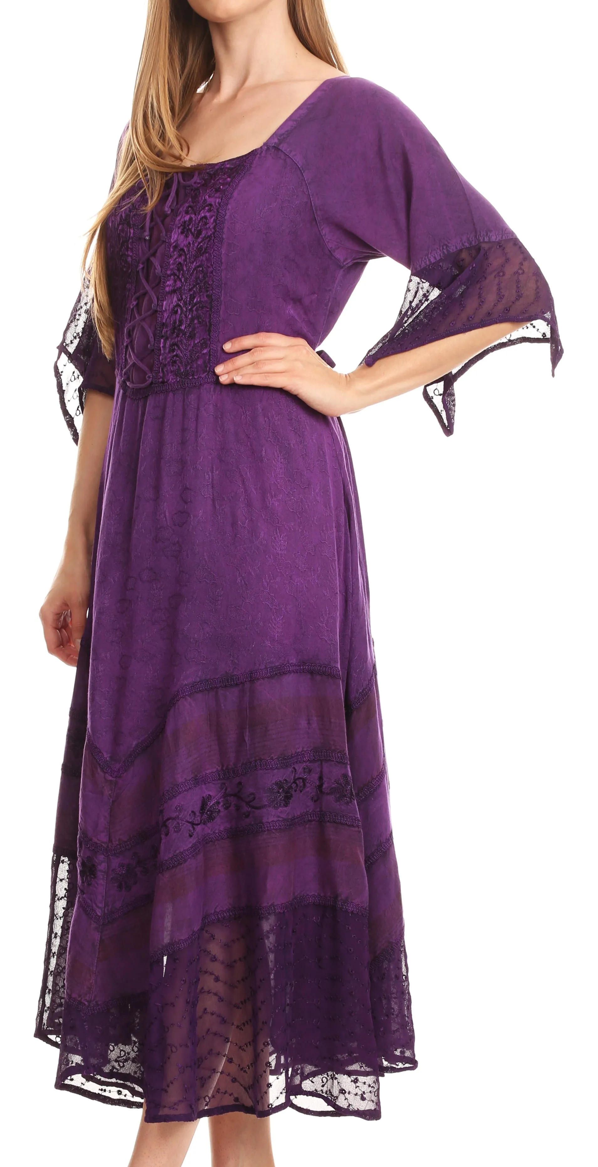 Sakkas Bexley Scoop Neck Bell Sleeve Bohemian Gypsy Embroidered Corset Dress