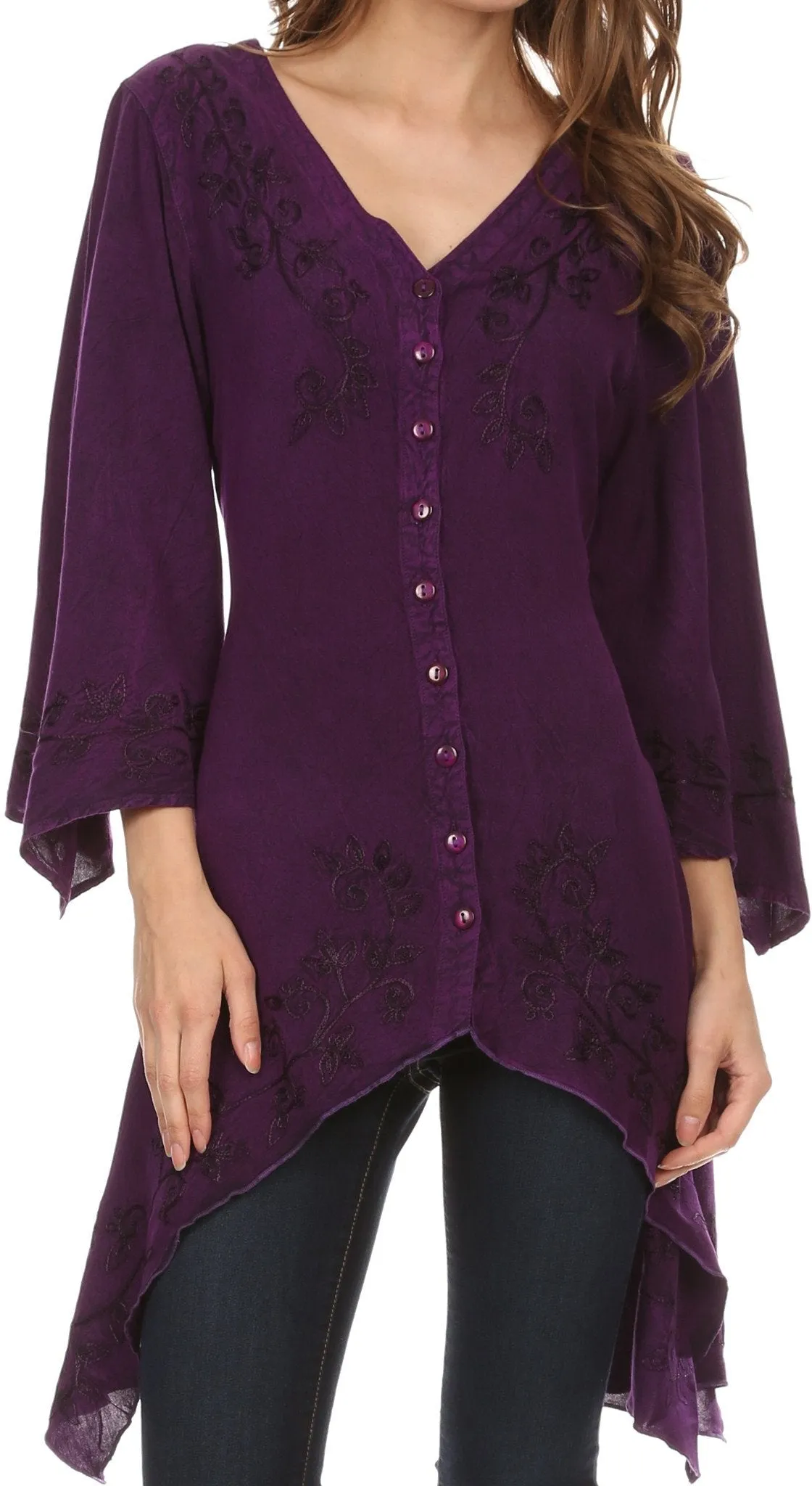 Sakkas Gella Button Down Blouse Top With Bell Sleeves And Handkerchief Sides