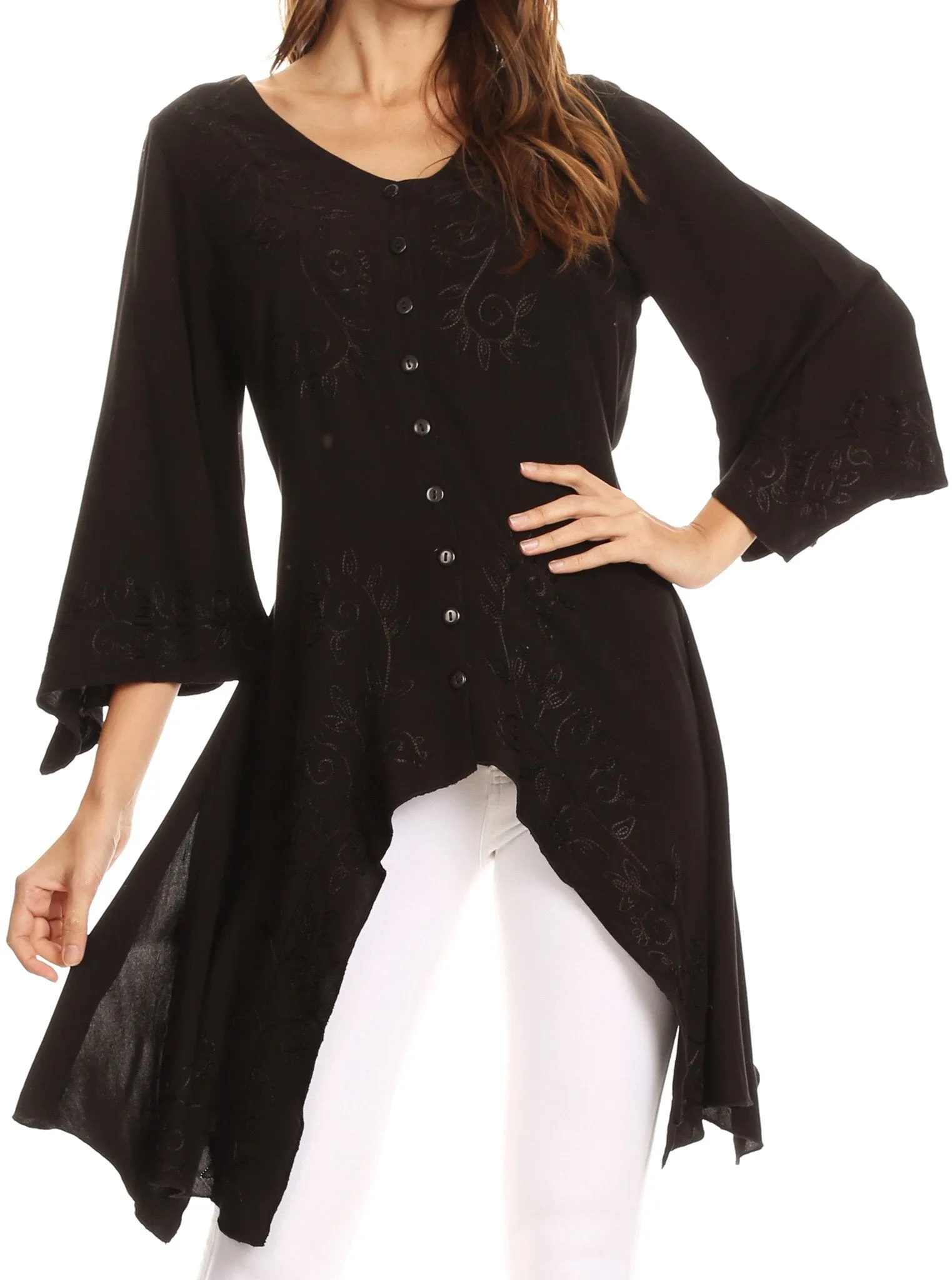 Sakkas Gella Button Down Blouse Top With Bell Sleeves And Handkerchief Sides