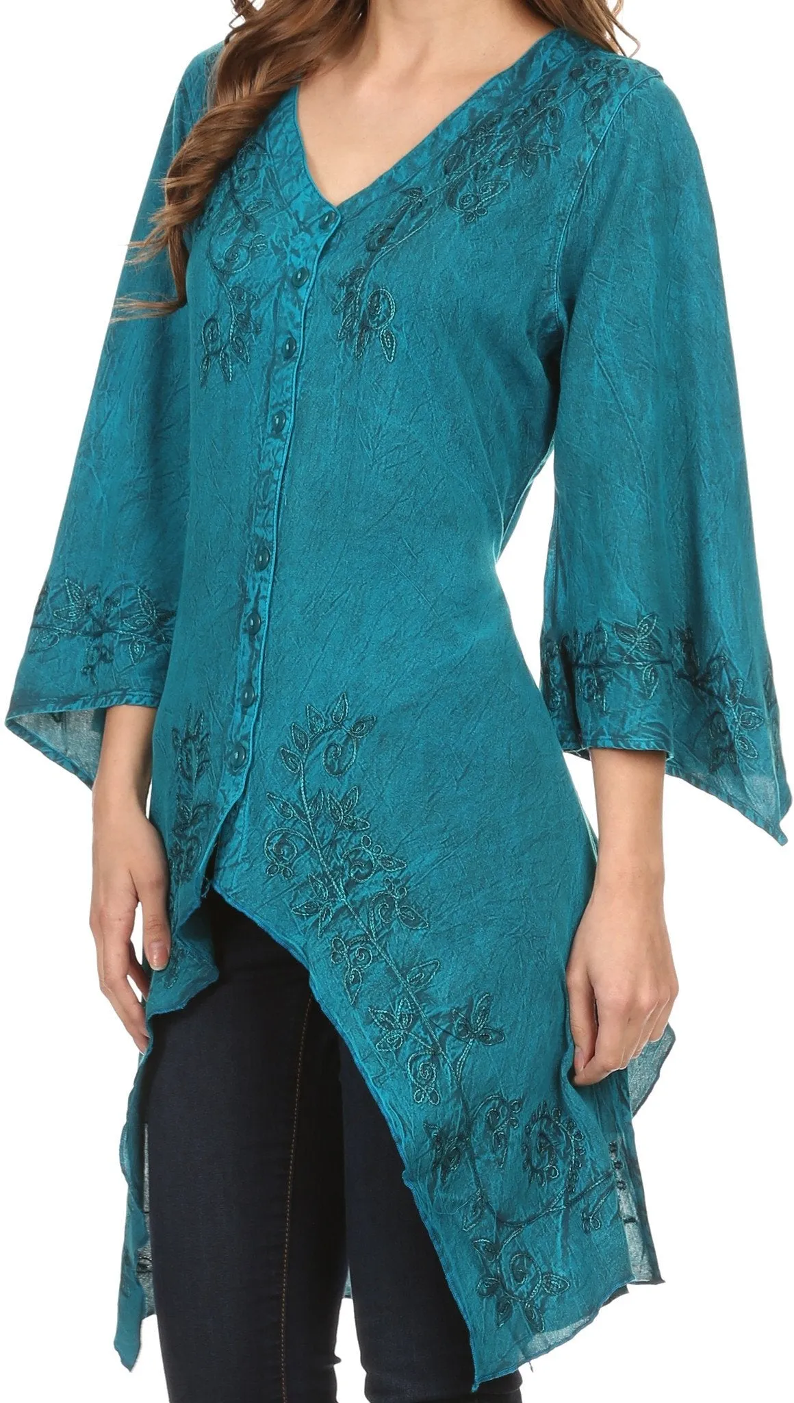 Sakkas Gella Button Down Blouse Top With Bell Sleeves And Handkerchief Sides