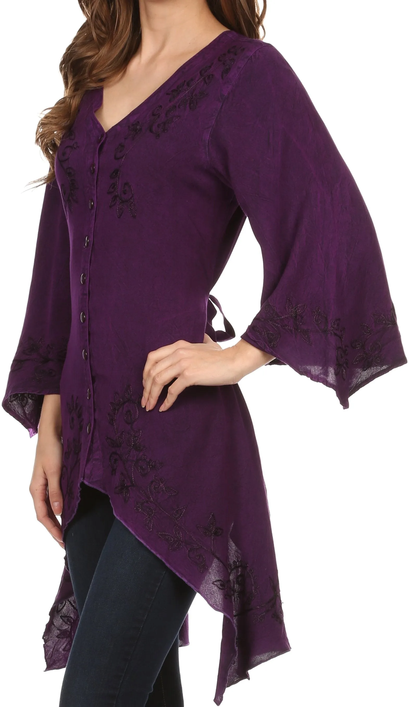 Sakkas Gella Button Down Blouse Top With Bell Sleeves And Handkerchief Sides